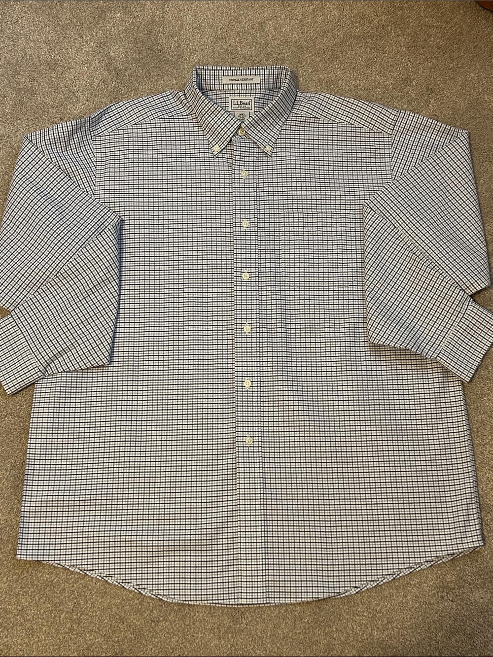 L.L. Bean Men's White Shirt with Blue Windowpane Check